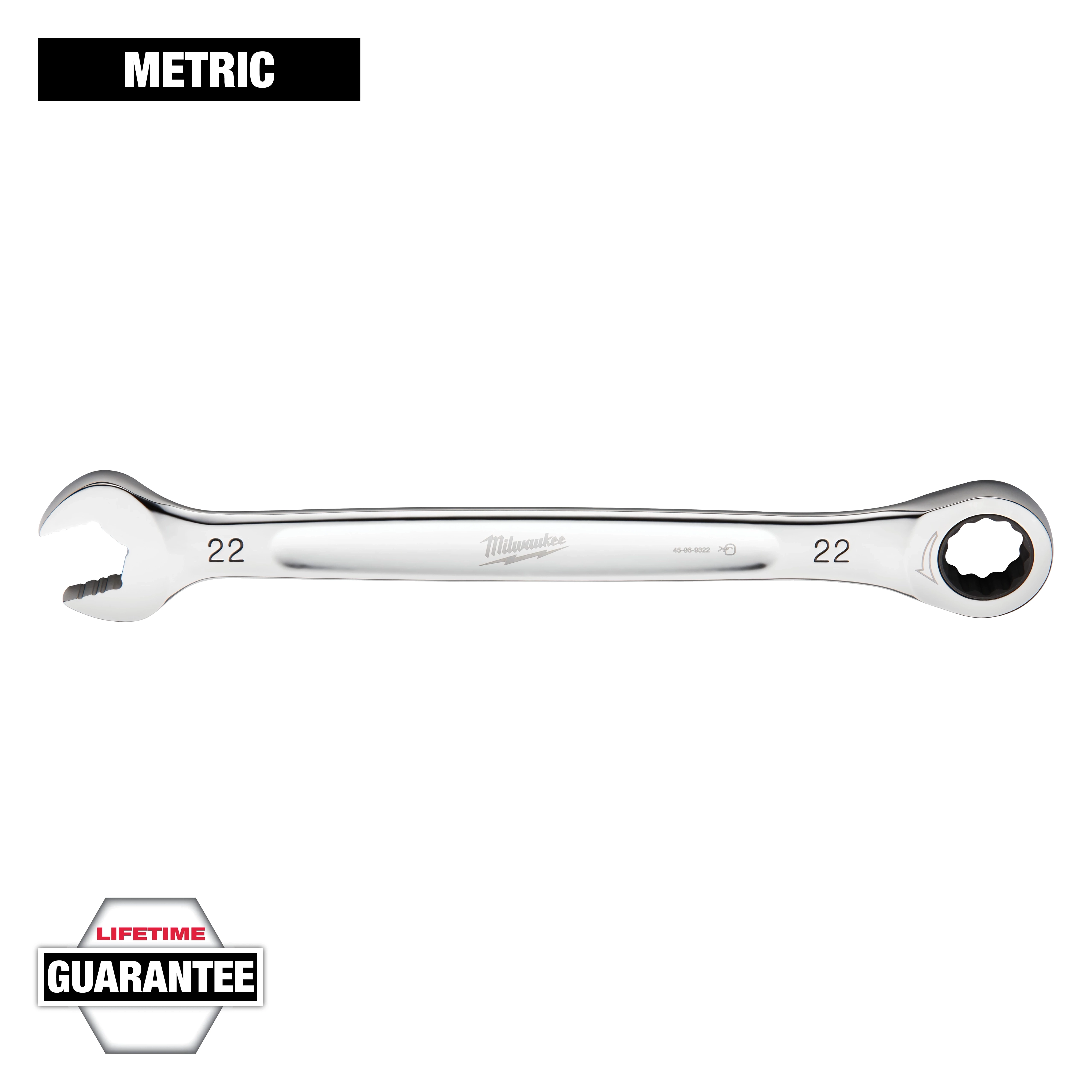 This image shows a chrome Milwaukee combination wrench with a 22mm size marked on both ends. One end is an open-end wrench, and the other is a ratcheting box-end. It includes a "METRIC" label at the top and a "LIFETIME GUARANTEE" label at the bottom.