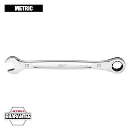 This image shows a chrome Milwaukee combination wrench with a 22mm size marked on both ends. One end is an open-end wrench, and the other is a ratcheting box-end. It includes a "METRIC" label at the top and a "LIFETIME GUARANTEE" label at the bottom.