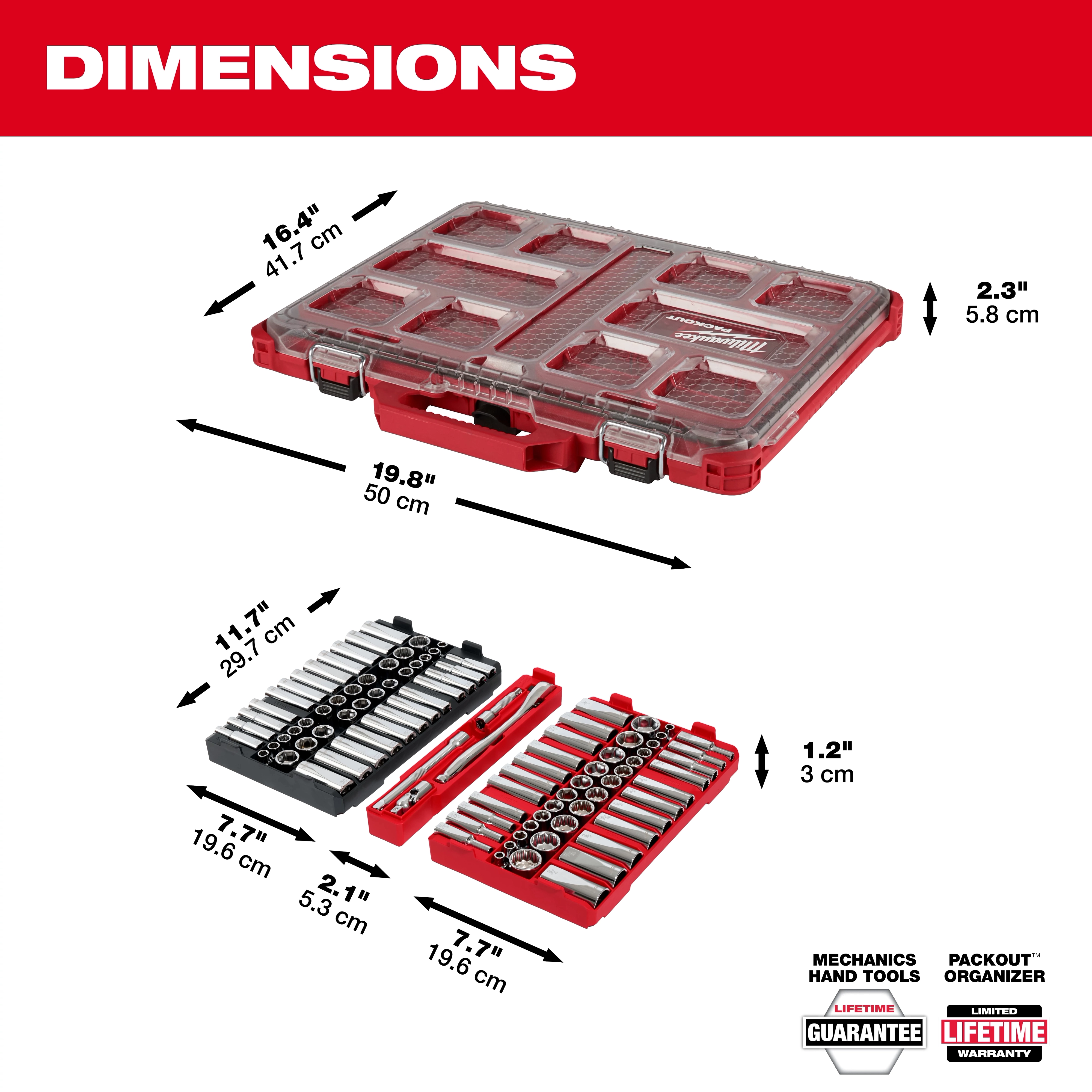 Image of the 98pc 3/8" 6-Pt and 12-Pt Metric & SAE Ratchet & Socket Set with PACKOUT™ Low-Profile Organizer. The red and black case dimensions are labeled. Included are various sockets and ratchets arranged neatly. The case measures 16.4 x 19.8 x 2.3 inches, available with a lifetime warranty.
