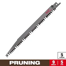 Milwaukee Sawzall pruning blade is designed for efficient cutting, featuring 9-inch length and 5 teeth per inch. The pack includes five blades. The blade's sharp, jagged teeth ensure precise cuts, making it ideal for pruning tasks. Milwaukee branding is visible near the blade's attachment end.