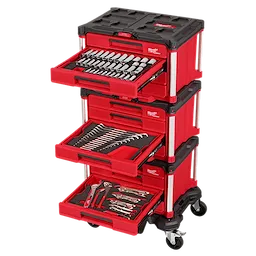 The image shows a 366pc. Master Mechanics Hand Tool Set with PACKOUT™ Drawers and Dolly. The set includes various tools organized neatly in red drawers on a rolling dolly.
