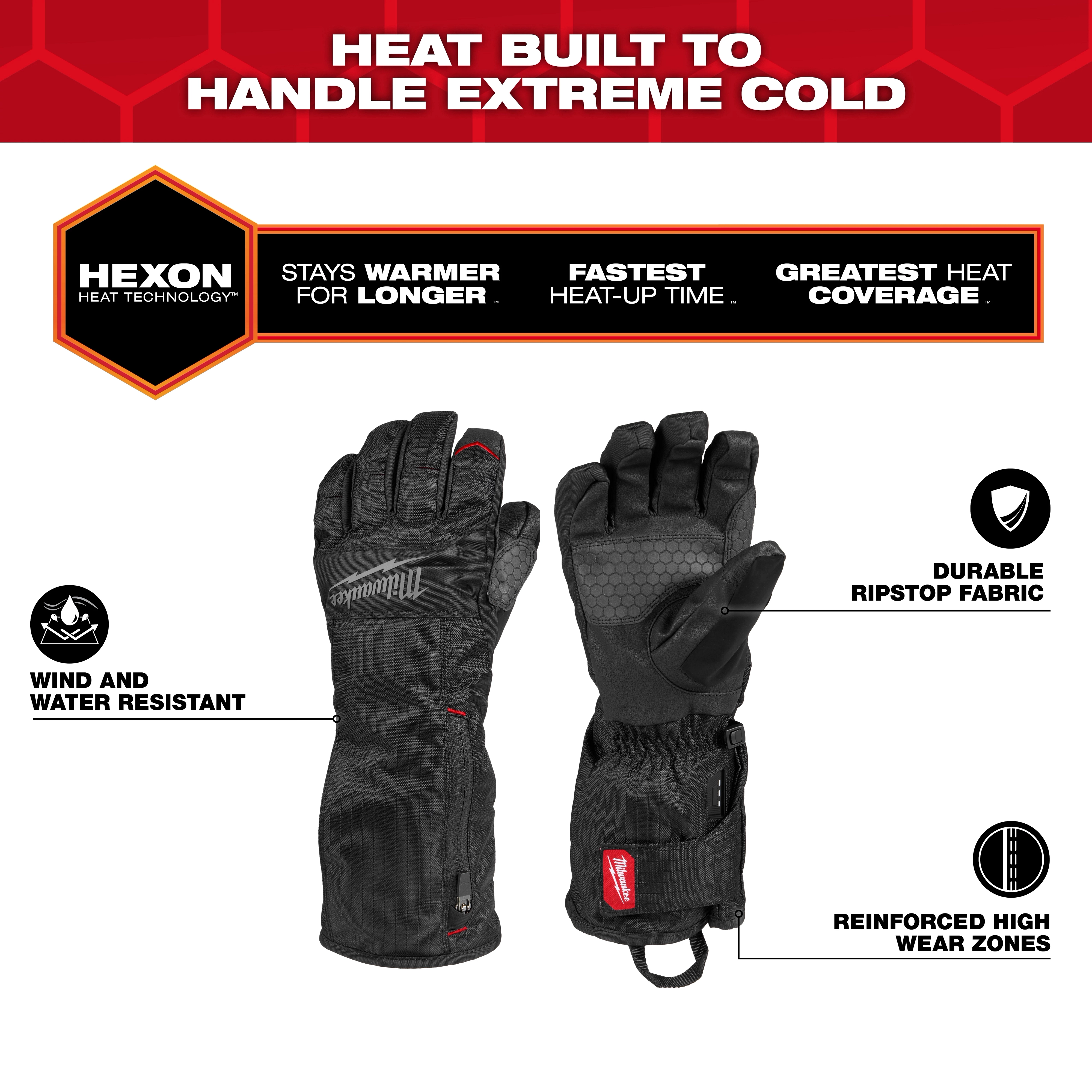 Heated Winter Gloves with Hexon Heat Technology are shown, designed for extreme cold. They feature durable ripstop fabric, reinforced high wear zones, are wind and water resistant, and are washer and dryer safe. The gloves promise long-lasting warmth and fast heat-up time.
