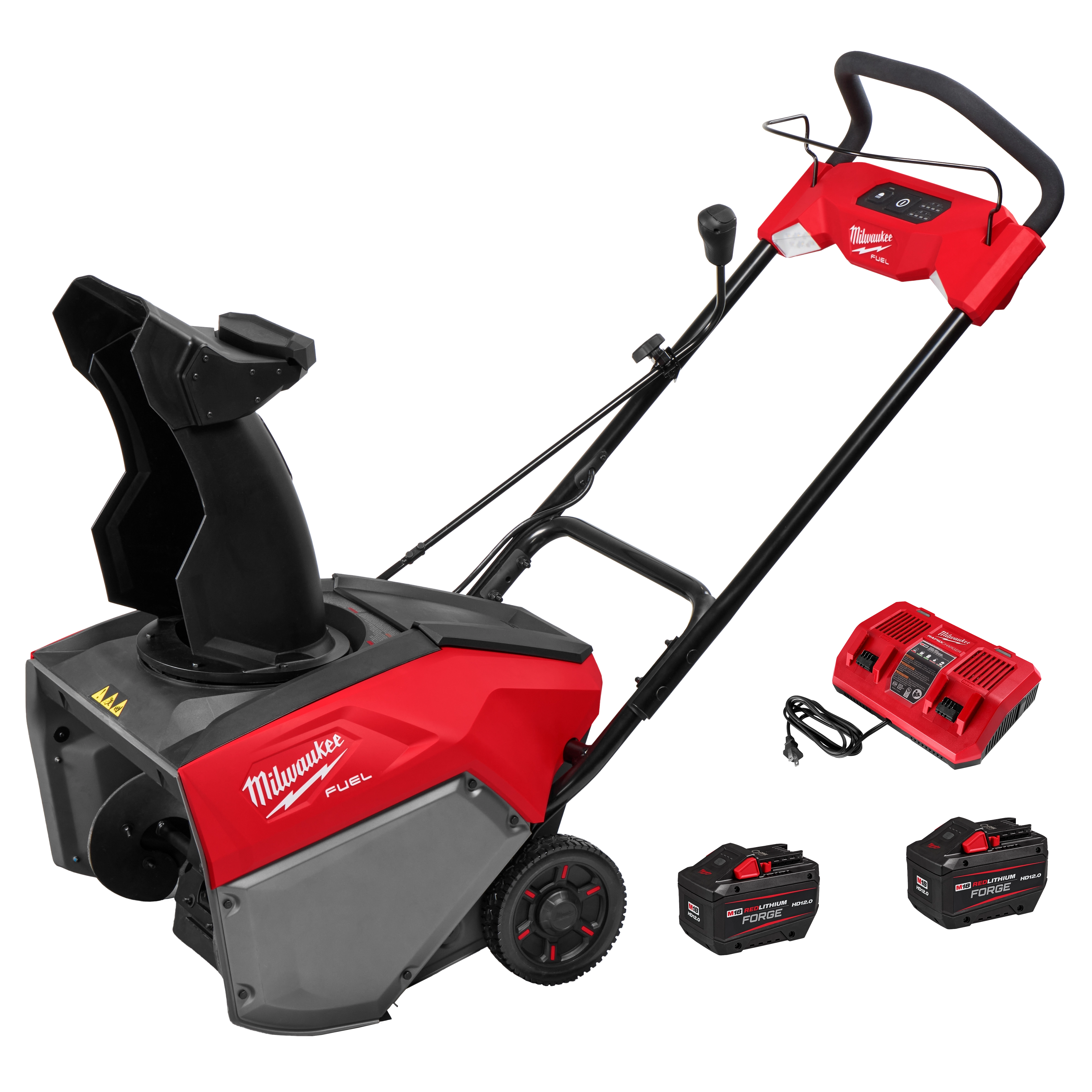 The image shows an M18 FUEL™ 21" Auger Propelled Dual Battery Single Stage Snow Blower in red and gray with a black chute. It includes two batteries and a charger, displayed beside the snow blower.
