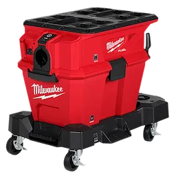 The image shows a Milwaukee Fuel red tool chest on black caster wheels. It has multiple compartments and a handle on the side. The word "Milwaukee" is prominently displayed on the front, with the brand's lightning bolt logo beneath it. It appears durable and mobile for easy transportation.