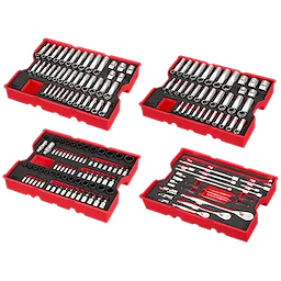 The image shows the 242pc. 1/4”, 3/8”, & 1/2” Drive Metric & SAE Ratchet & Socket Set with Trays for PACKOUT™ Drawers. The set is arranged neatly in organizing trays suitable for PACKOUT™ storage solutions.