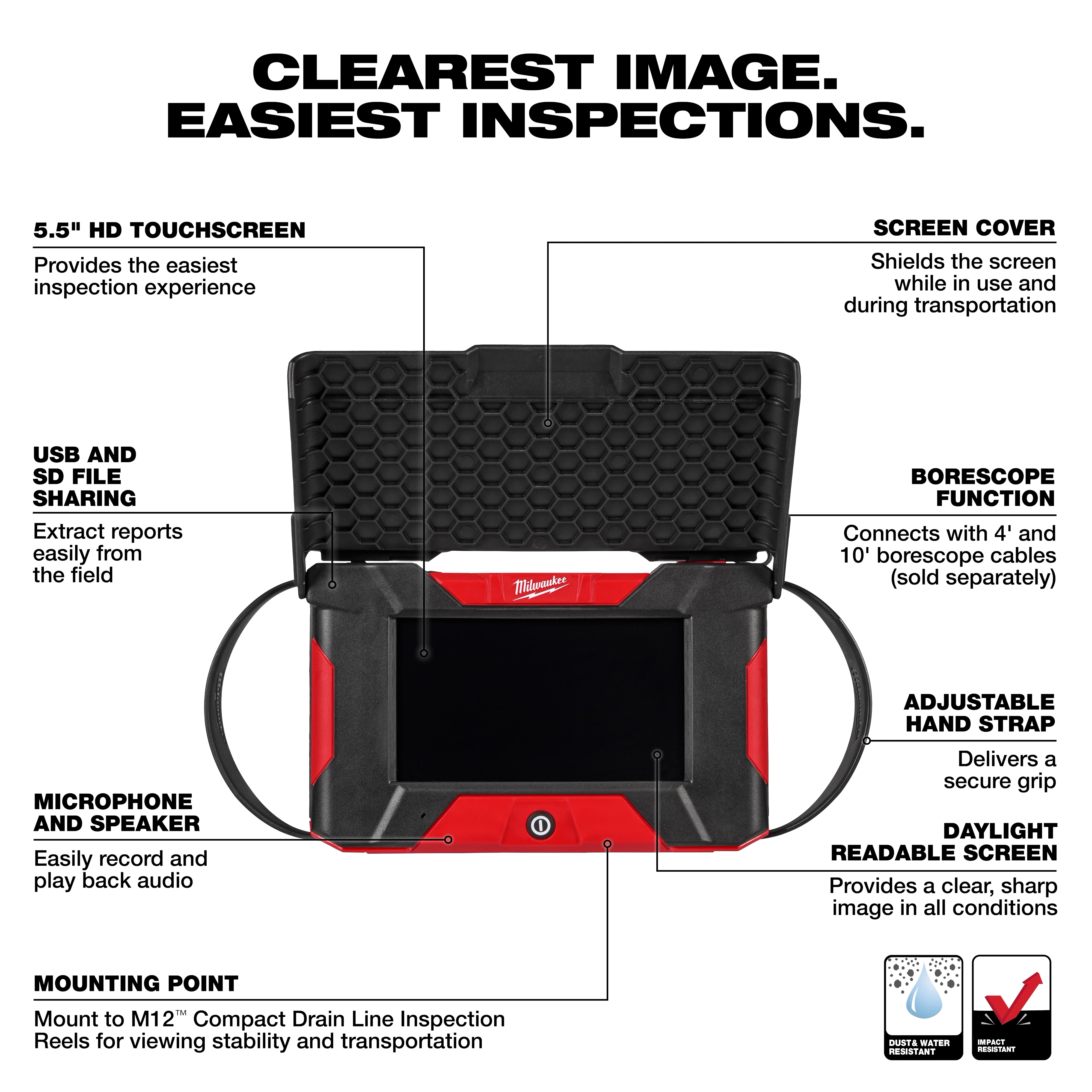This image features an inspection device with a 5.5-inch HD touchscreen, adjustable hand strap, microphone and speaker, and USB and SD file sharing ports. It includes a daylight-readable screen, borescope function, screen cover, and a mounting point for stability. Text reads, "CLEAREST IMAGE. EASIEST INSPECTIONS."