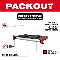 The PACKOUT™ Rack Drawer features a customizable drawer layout, modular connectivity with all PACKOUT™ components, and an easy setup. It has a 50-pound capacity and stays securely closed. The image highlights its versatility, durability, and usage in a modular storage system with accompanying icons.