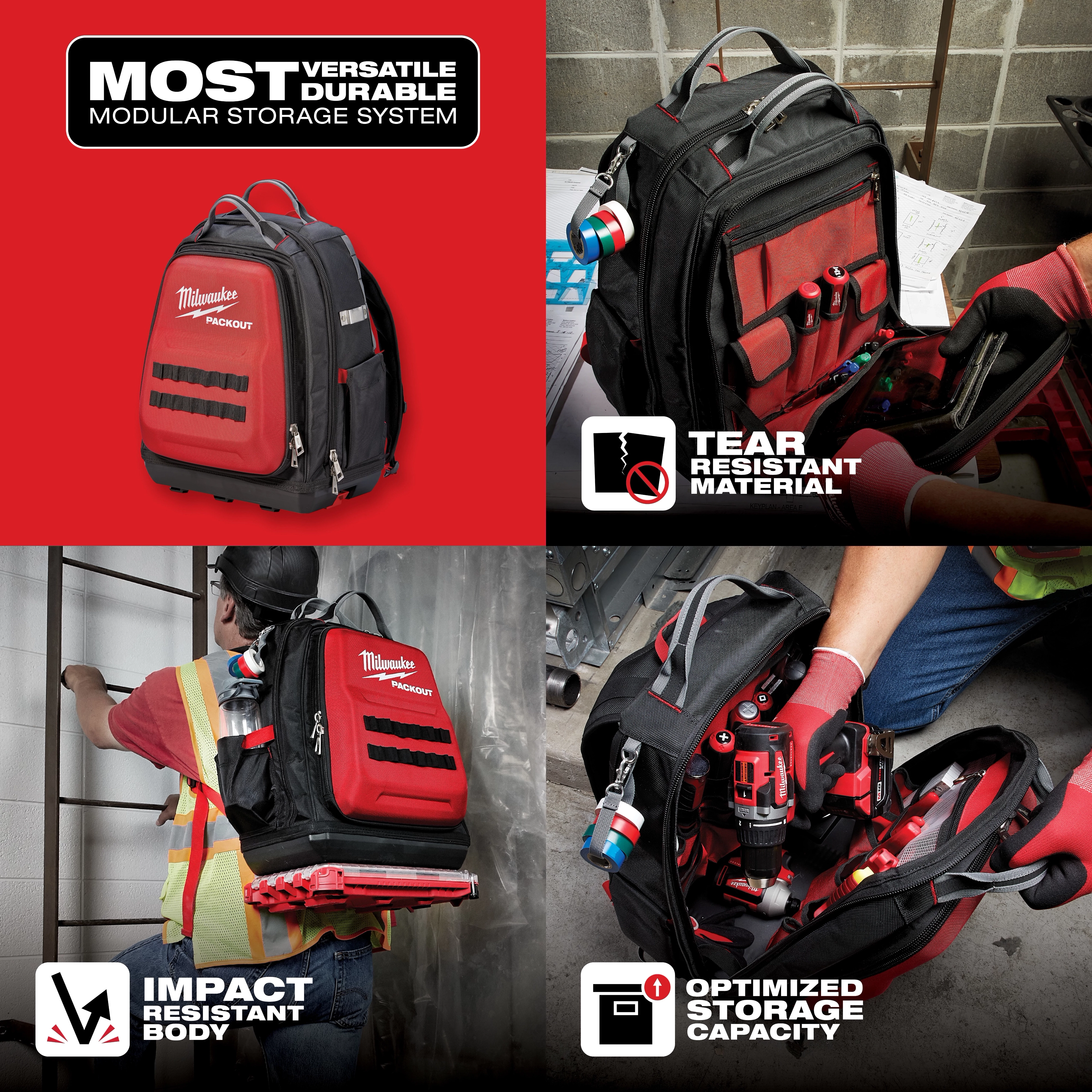 Milwaukee Packout backpack is depicted in various use cases, highlighting its tear-resistant material, impact-resistant body, and optimized storage capacity.