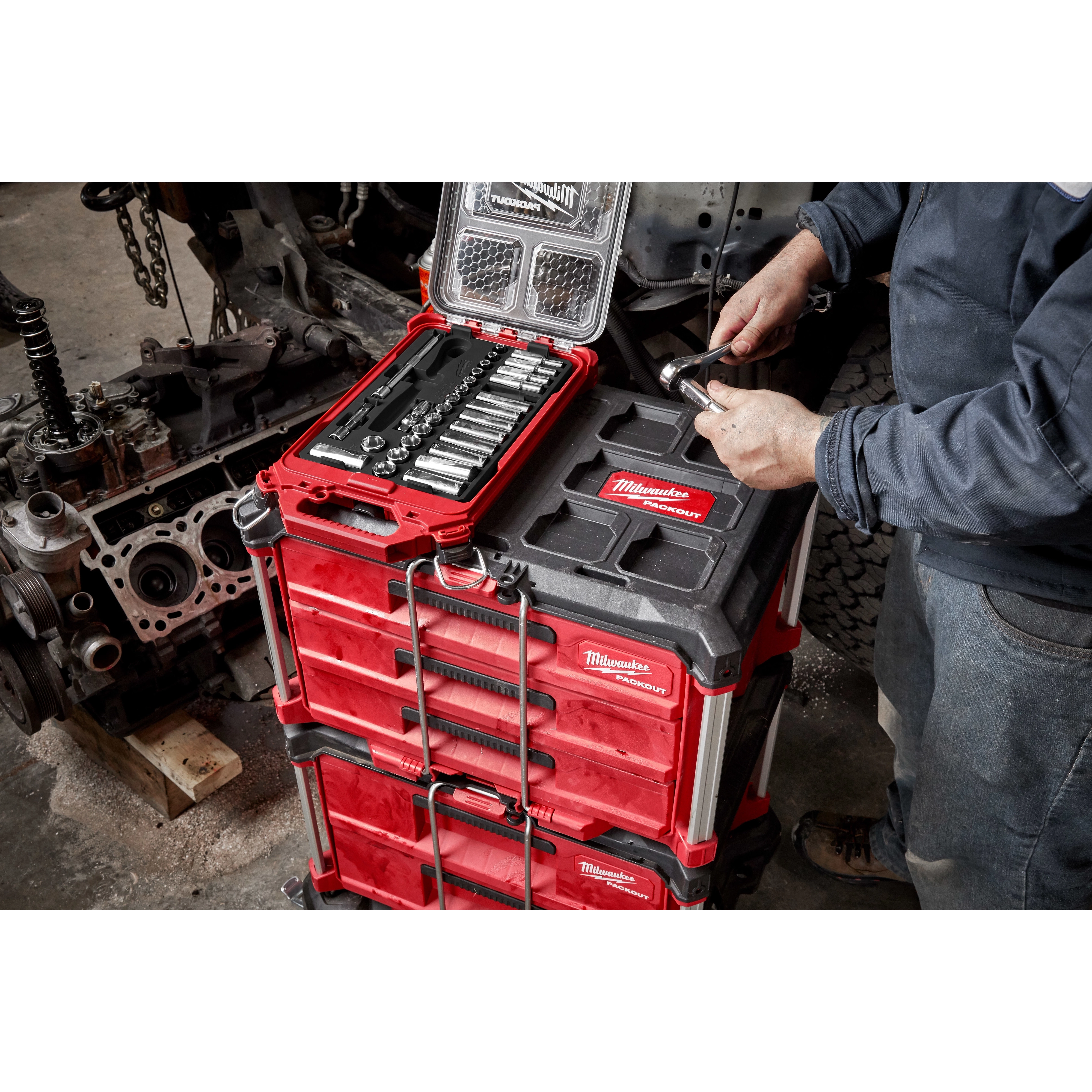 3/8" METRIC RATCHET AND SOCKET SET WITH PACKOUT™ LOW-PROFILE COMPACT ORGANIZER