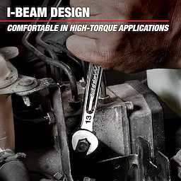 A hand using a Mechanics Hand Tools wrench with an I-Beam design to turn a bolt on a mechanical device. The text highlights the tool's comfort in high-torque applications. The wrench is marked with the number 13.