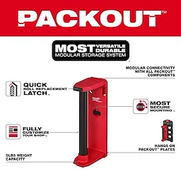 PACKOUT Roll Holder features a quick roll replacement latch, secure mounting, modular connectivity, 5lb weight capacity, and customization options.
