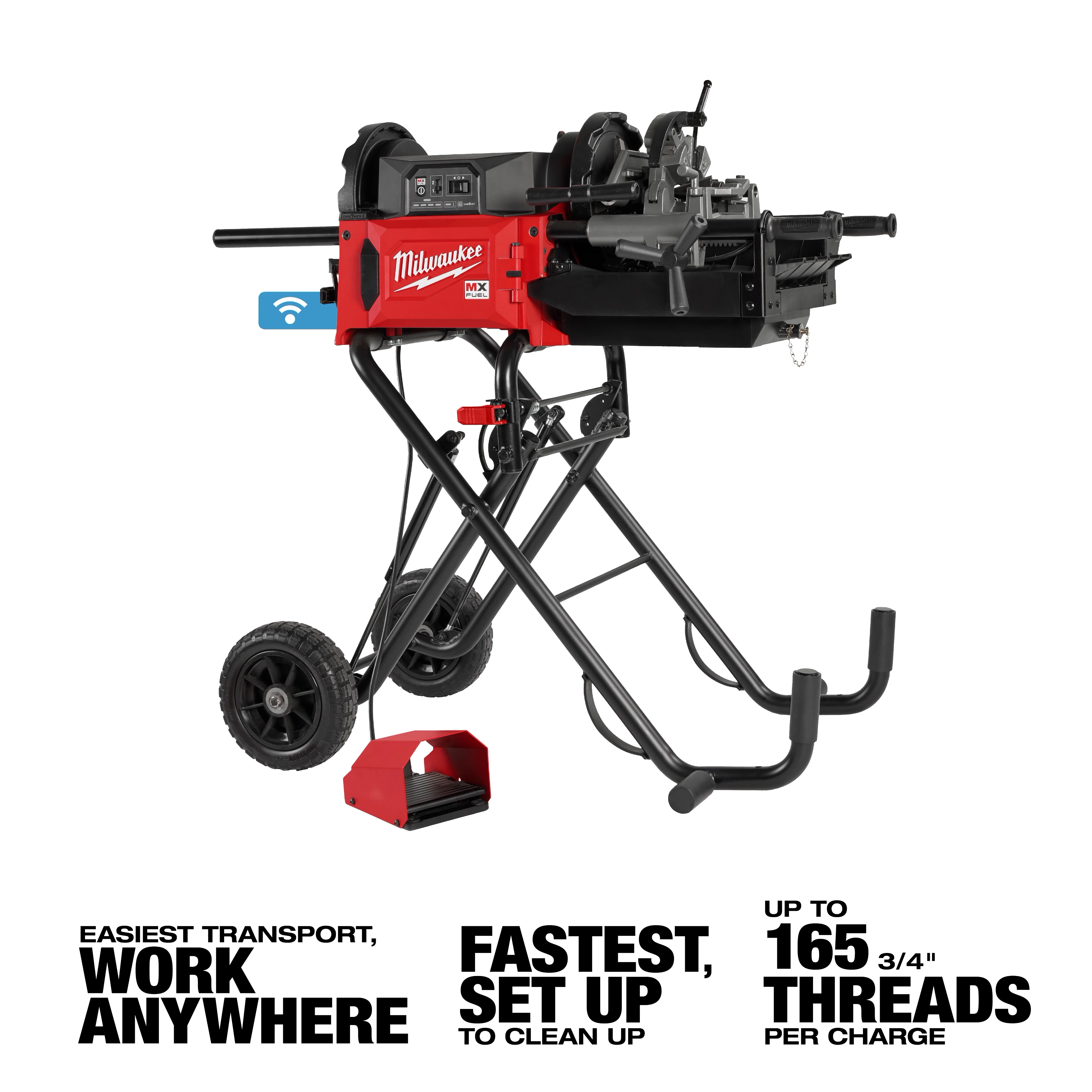 Milwaukee MX FUEL™ Pipe Threading Machine features a compact, portable design with wheels for easy transport. It can thread up to 165 three-quarter-inch pipes per charge and offers streamlined setup and cleanup. The red and black machine includes a foot pedal and a built-in connectivity feature.