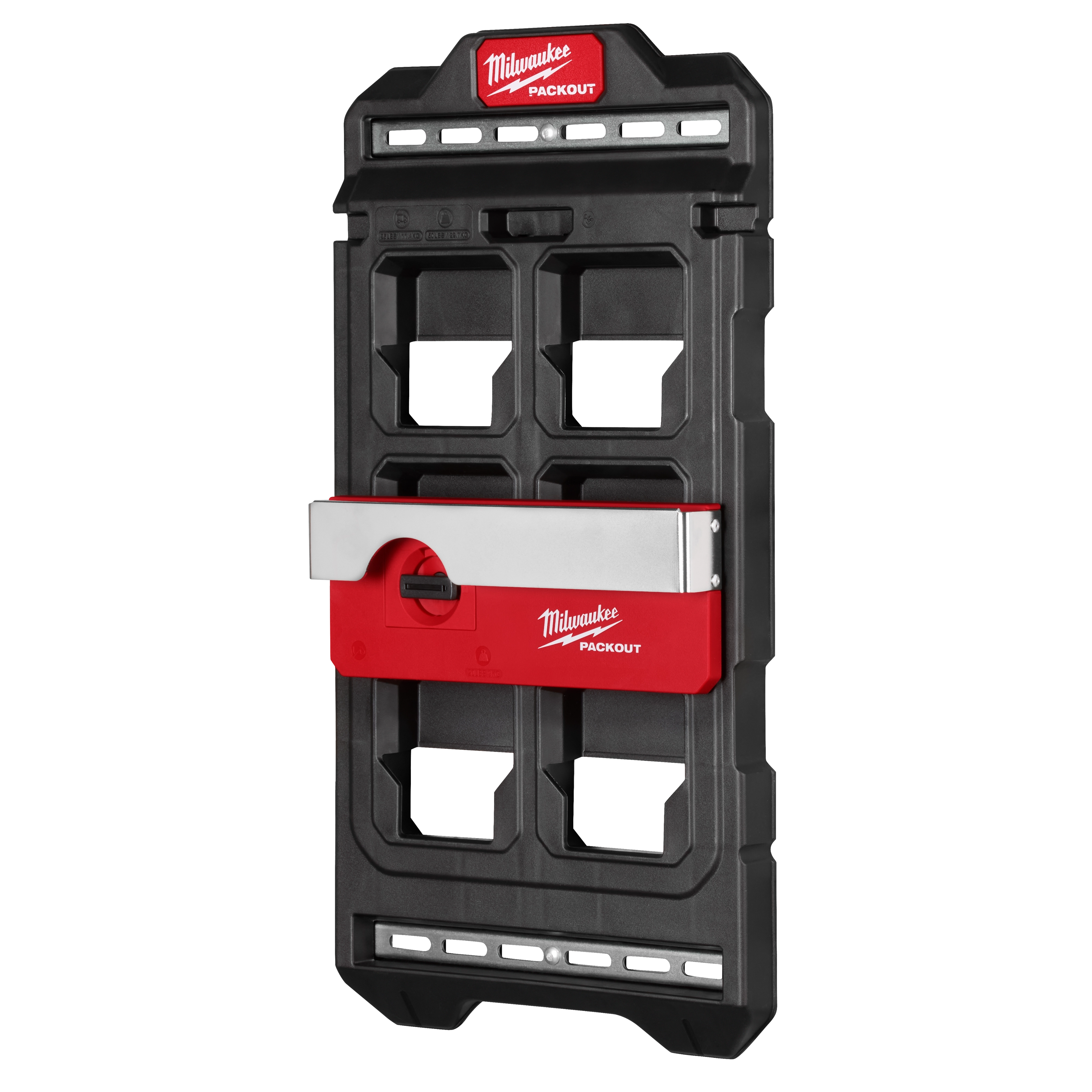 Milwaukee PACKOUT Compact Wall Plate, a black and red plastic wall mounting system with various slots and organizer attachments.