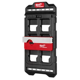 Milwaukee PACKOUT Compact Wall Plate, a black and red plastic wall mounting system with various slots and organizer attachments.