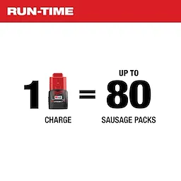 The image shows a runtime comparison for the M12 12-Volt Lithium-ion Cordless 20 oz. Aluminum Barrel Caulk and Adhesive Gun Kit with (1) 1.5Ah Battery & Charger, indicating one charge supports up to 80 sausage packs.
