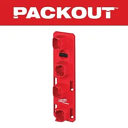 The PACKOUT M12 Battery Rack is a red, vertical storage solution designed to securely hold up to four M12 batteries.