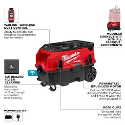 The image shows the Milwaukee Fuel Dust Extractor. It includes features like Vaclink wireless dust control, automated filter cleaning, modular connectivity, a Powerstate brushless motor, and hose clips. The unit is powered by M18 batteries or an AC adapter. The tool is red with black accents.