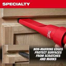 Image of the AIR-TIP™ Non-Marring Utility Nozzle Kit in use on wood trim. The red nozzle is shown cleaning without scratching the surface. Inset shows detail of non-marring edges protecting surfaces from scratches and marks. Text reads, “Non-marring edges protect surfaces from scratches and marks.”