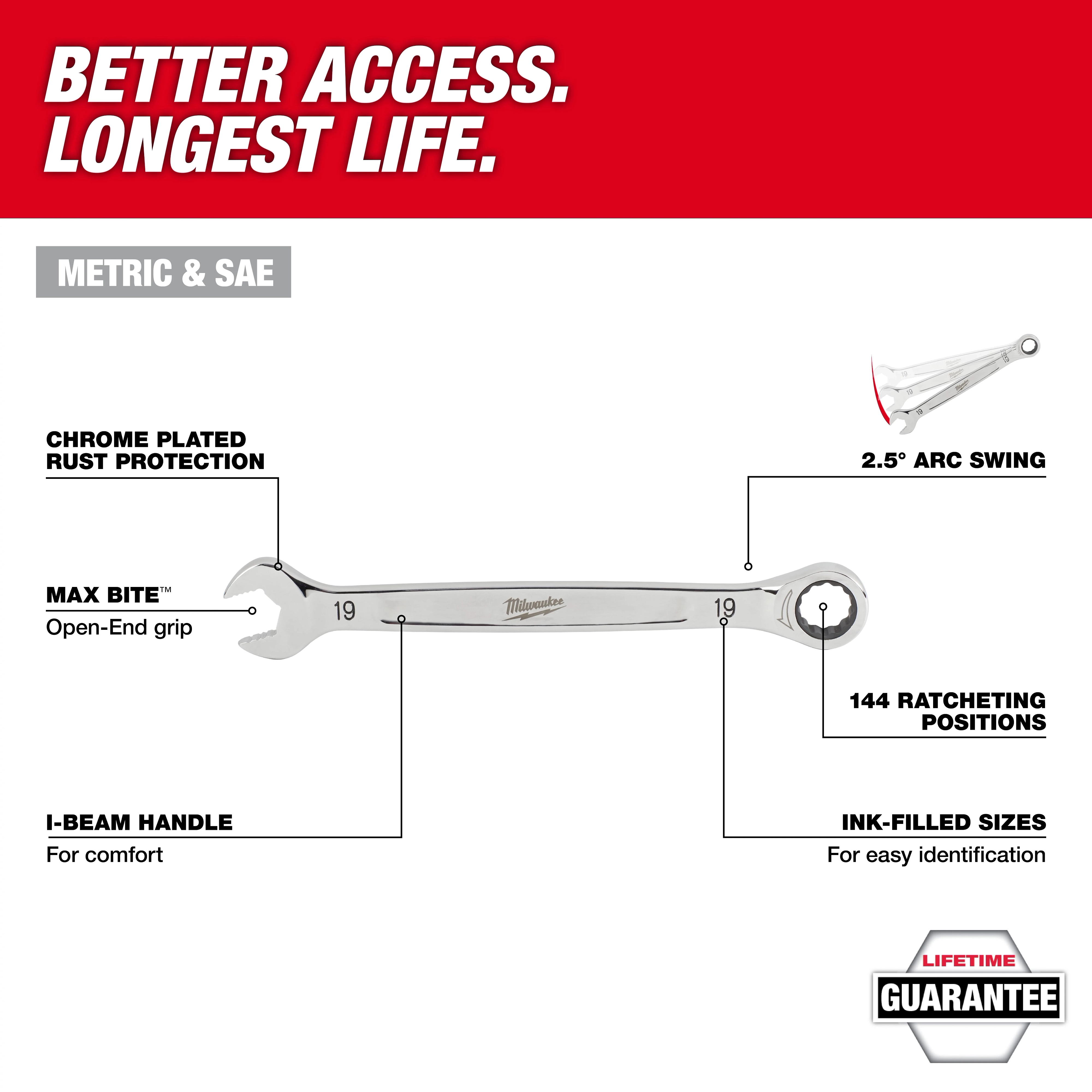 The Master Mechanics Hand Tool Set with PACKOUT™ Drawers features chrome-plated rust protection, Max Bite™ open-end grip, an I-beam handle for comfort, ink-filled sizes for identification, and 144 ratcheting positions with a 2.5° arc swing. The set offers both metric and SAE sizes and comes with a lifetime guarantee.