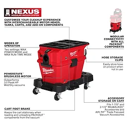 Milwaukee M18 FUEL™ NEXUS™ 6 Gallon Wet/Dry Vacuum comes with interchangeable components, two operation modes, a POWERSTATE™ brushless motor offering 3.5 HP, hose storage clips, accessory storage on the cart, and a cart foot brake. It is compatible with all PACKOUT™ components for customized cleanup experiences.