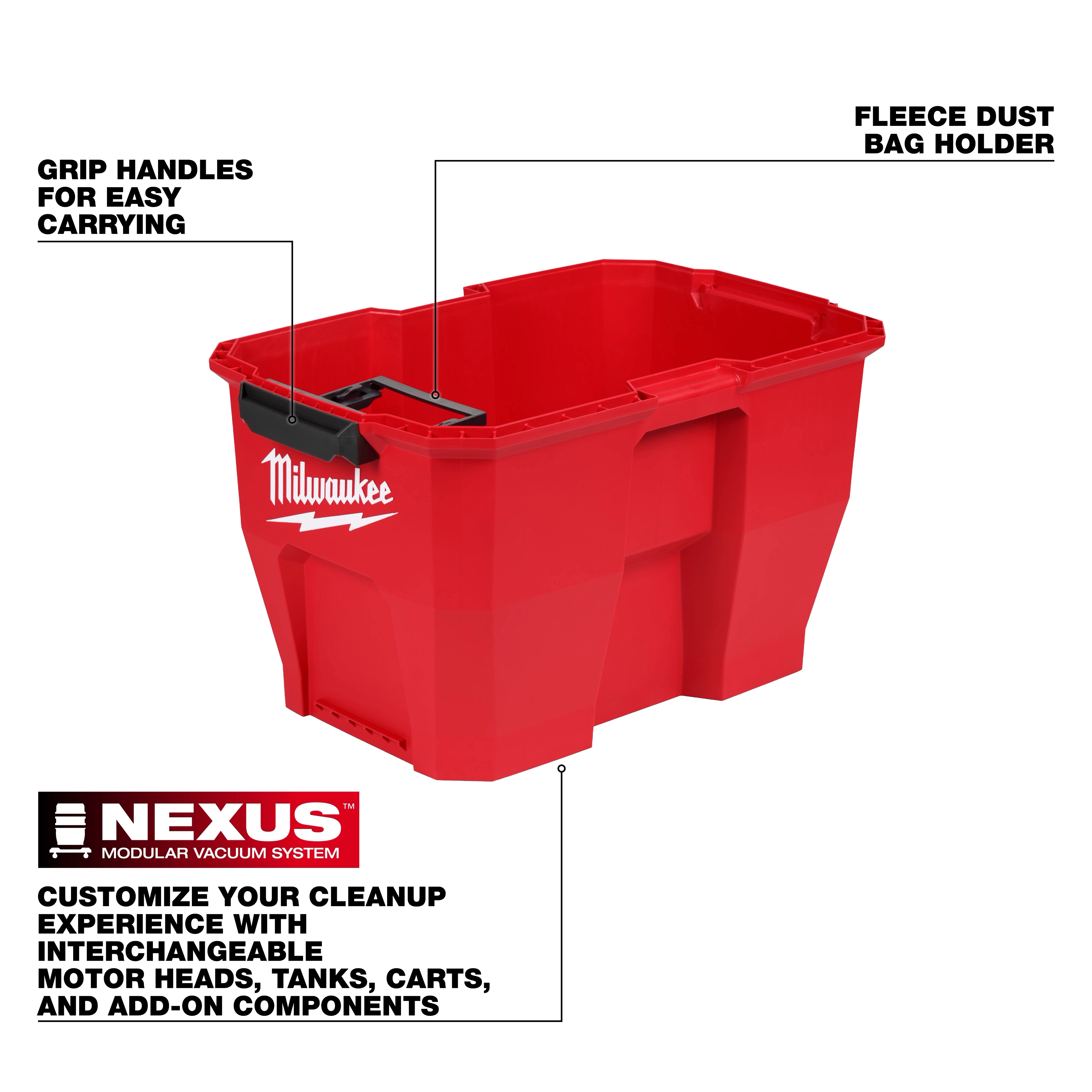 NEXUS™ 9 Gallon Wet/Dry Vacuum Tank by Milwaukee in red plastic with grip handles for easy carrying and a fleece dust bag holder. The system allows for customization with interchangeable motor heads, tanks, carts, and add-on components.
