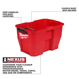 NEXUS™ 9 Gallon Wet/Dry Vacuum Tank by Milwaukee in red plastic with grip handles for easy carrying and a fleece dust bag holder. The system allows for customization with interchangeable motor heads, tanks, carts, and add-on components.