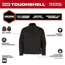 M12 Heated TOUGHSHELL Jacket in black with Hexon heat technology. Features wind and water resistance, adjustable cuffs and waist, and washer safe.
