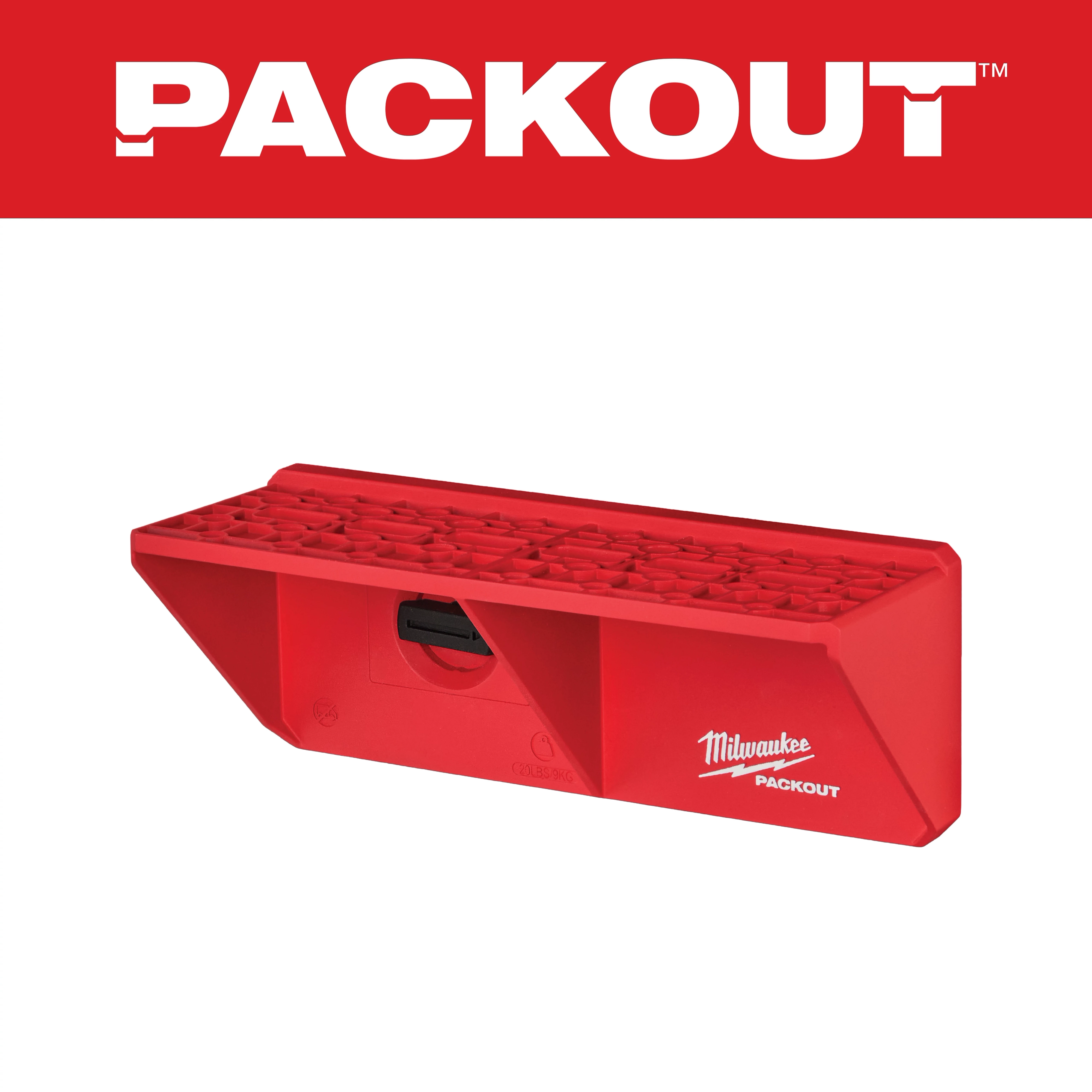 Red PACKOUT Screwdriver Rack with a mounting slot, designed to hold multiple screwdrivers, featuring a textured surface.