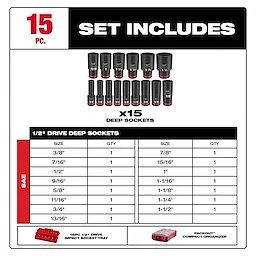 SHOCKWAVE Impact Duty 1/2 in. Drive SAE Deep Well Impact PACKOUT Socket Set 15 Piece
