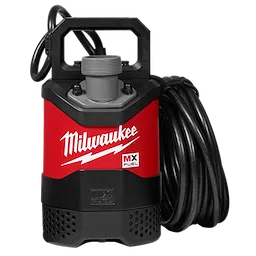 Red and black Milwaukee MX Fuel submersible water pump with a handle and a long black power cable.