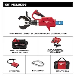 The M18 FORCE LOGIC 3" Underground Cable Cutter kit includes the cable cutter, M18 REDLITHIUM XC5.0 battery, M18 and M12 multi-voltage charger, inverter, carabiner, and a utility bag.