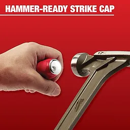 A hand holding a red Mechanic%20Hand%20Tool with a hammer-ready strike cap is shown next to a metallic hammer against a red background. The text "HAMMER-READY STRIKE CAP" is written above the tools.