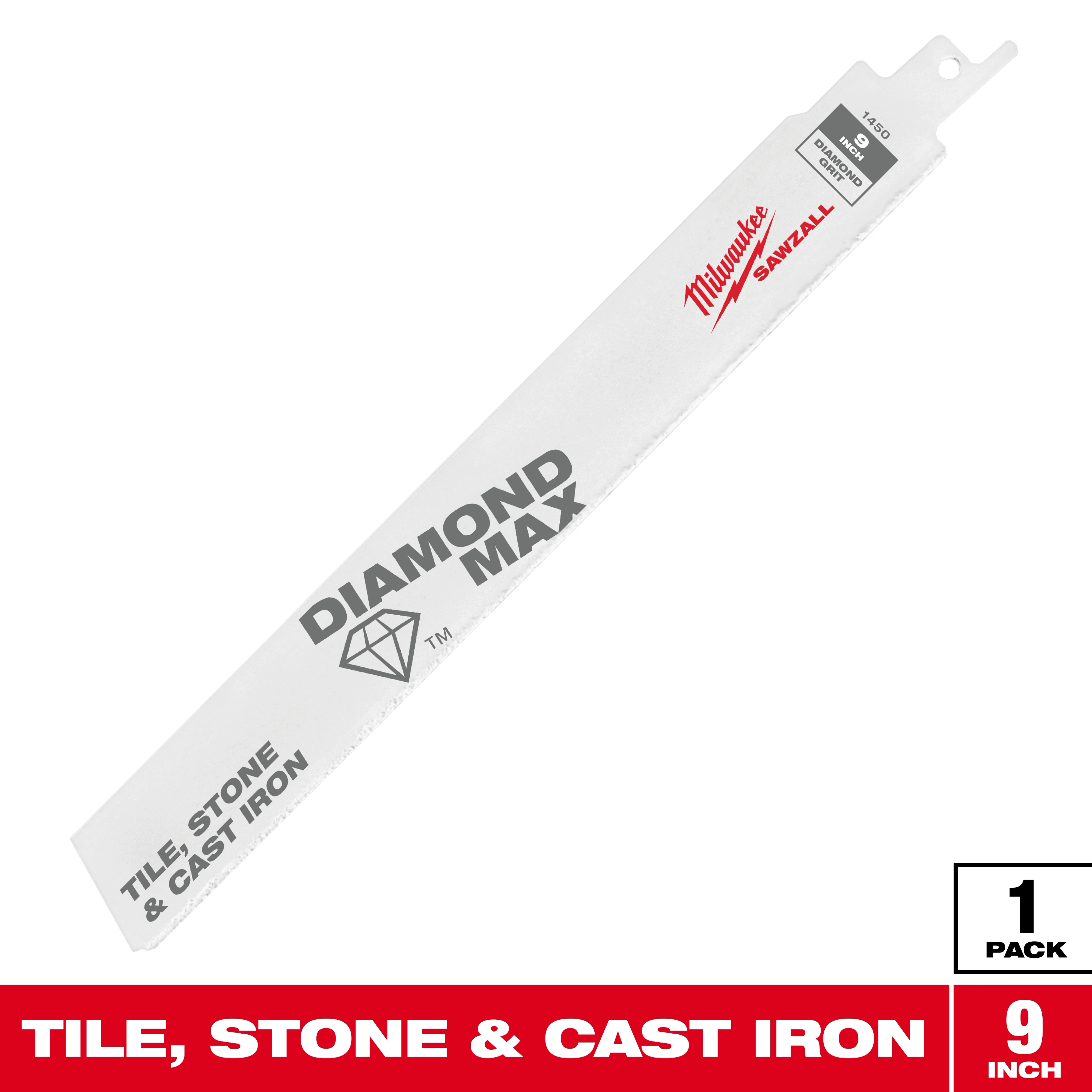 Milwaukee 9-inch Diamond Max saw blade designed for cutting tile, stone, and cast iron. The blade is white with the brand logo and product details in red and grey, and it comes in a single-pack.