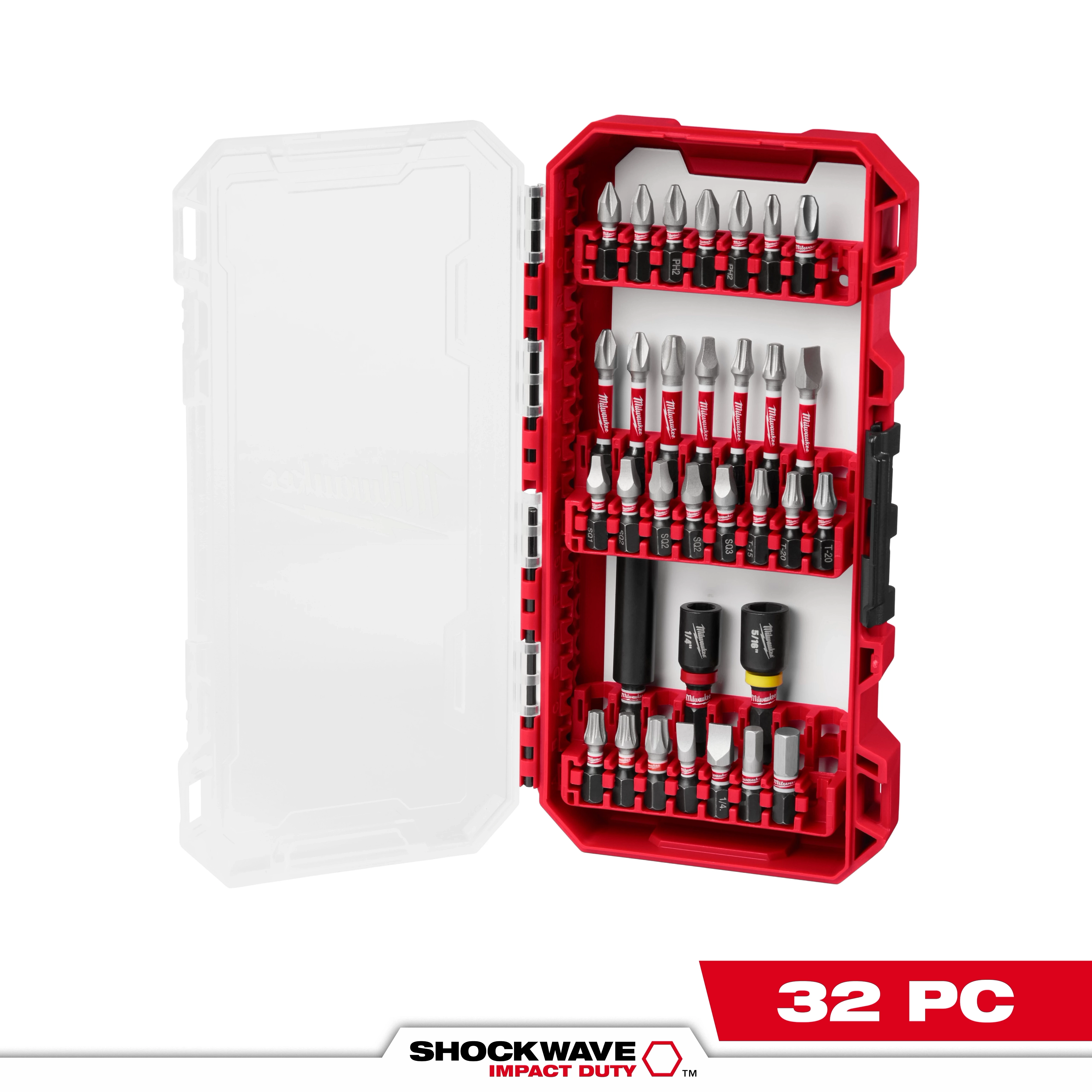 This image displays the SHOCKWAVE Impact Duty Driver Bit Set - 32PC. The set includes various driver bits organized in a red and black case with a clear lid. The bits are designed for impact duty, and the kit's branding is visible at the bottom of the image.