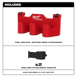 The image displays the included contents for a Milwaukee Packout tool box: one M12 battery rack attachment, two attachment mounts, and one 3/16" hex key.