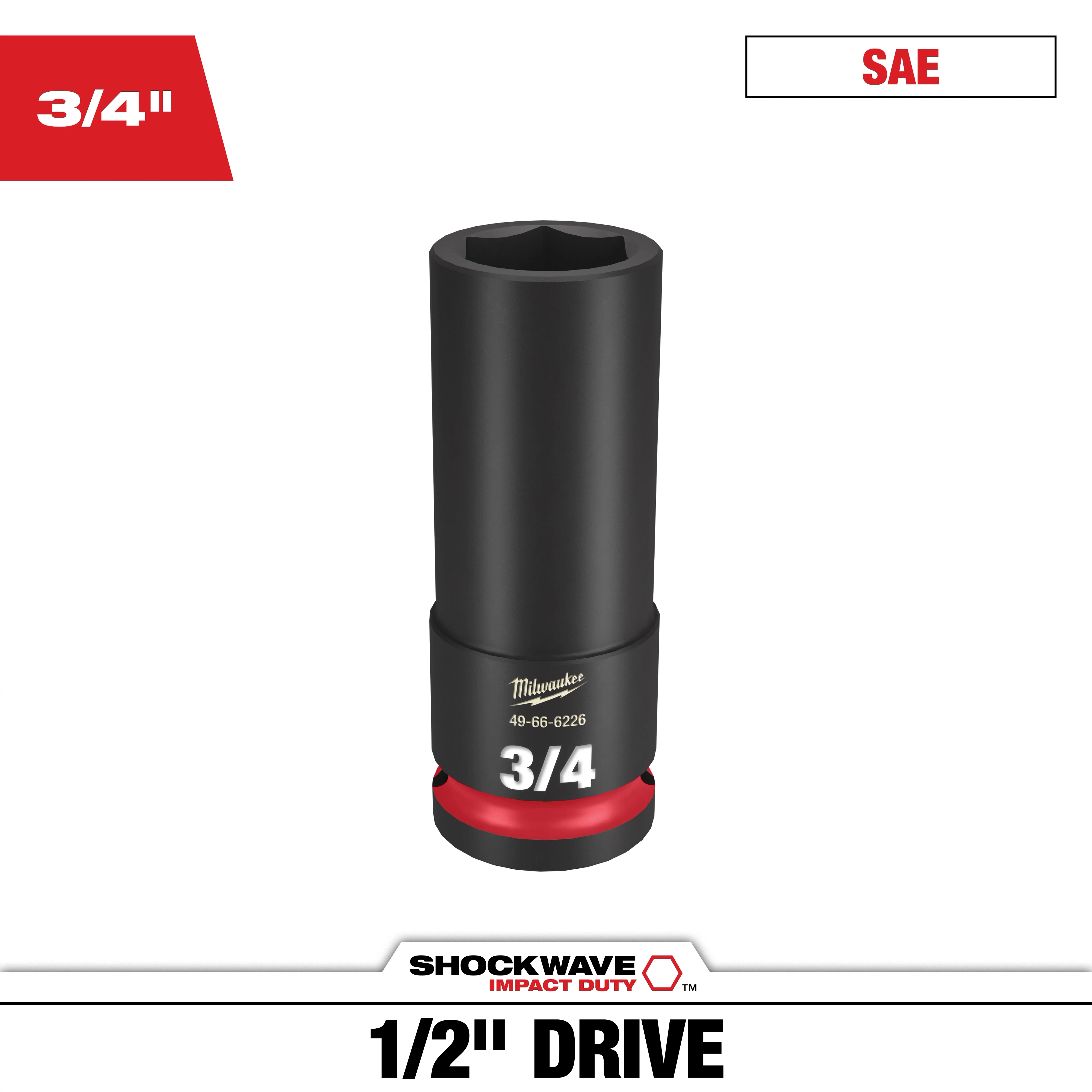 SHOCKWAVE 1/2 in. Drive 3/4 in. Deep 6 Point Impact Socket, 1 Pack, is a black, cylindrical tool for heavy-duty use. It features the Milwaukee logo, product number, and "3/4" marking in white text. The label highlights its 1/2-inch drive and SAE standard.