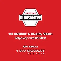 Red advertisement for Mechanic Hand Tools showing a lifetime guarantee. It includes contact details for submitting a claim: a URL (https://qr.mke.tl/27fb3) and a phone number (1-800-SAWDUST).