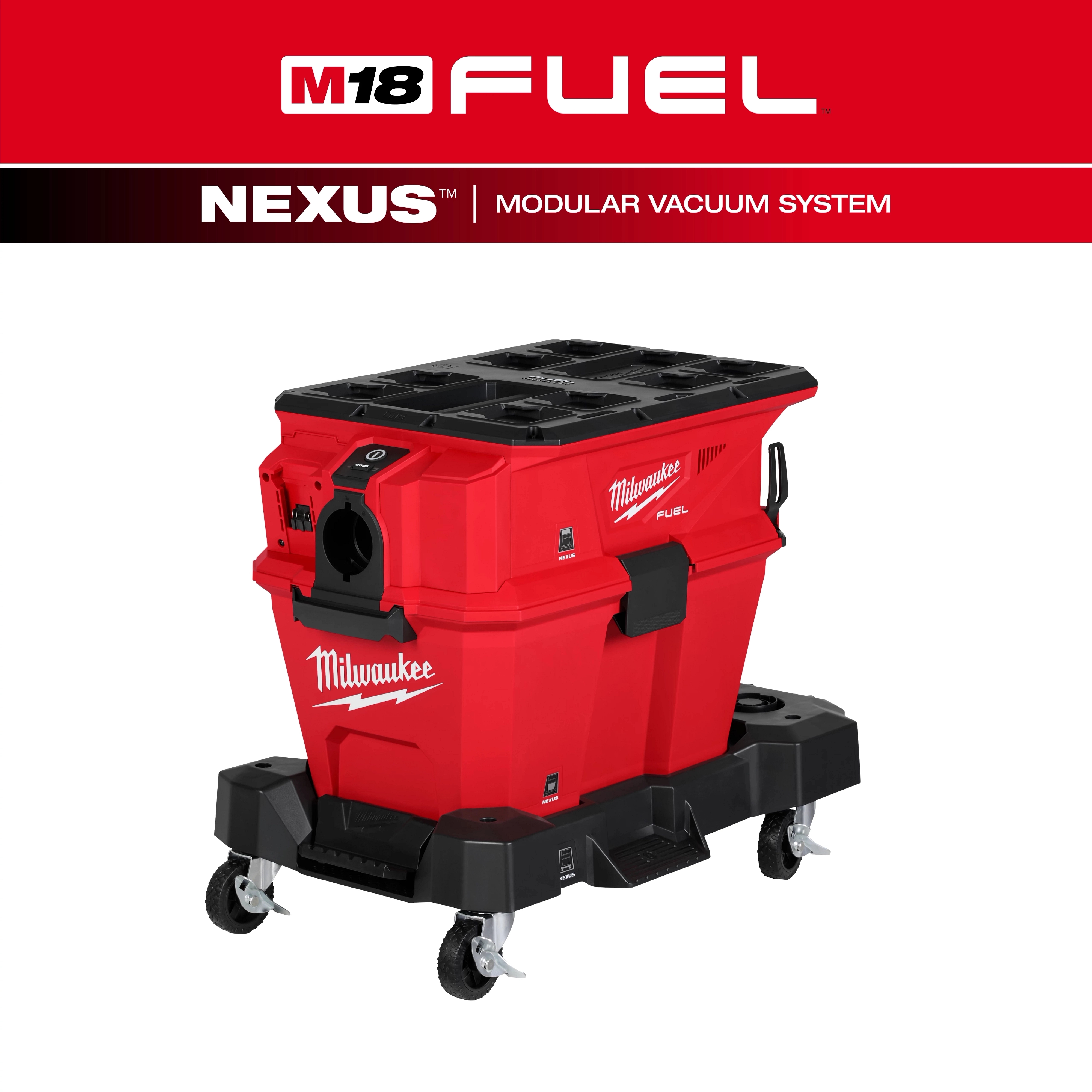 The M18 FUEL™ NEXUS™ 6 Gallon Wet/Dry Vacuum w/ PACKOUT™ Compatibility is a red, wheeled vacuum with modular capabilities. It is designed for heavy-duty cleaning tasks and features the Milwaukee brand logo.