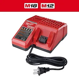 Milwaukee M18 and M12 battery charger is a red, compact charging station with status indicator lights, equipped with a black power cord and plug.