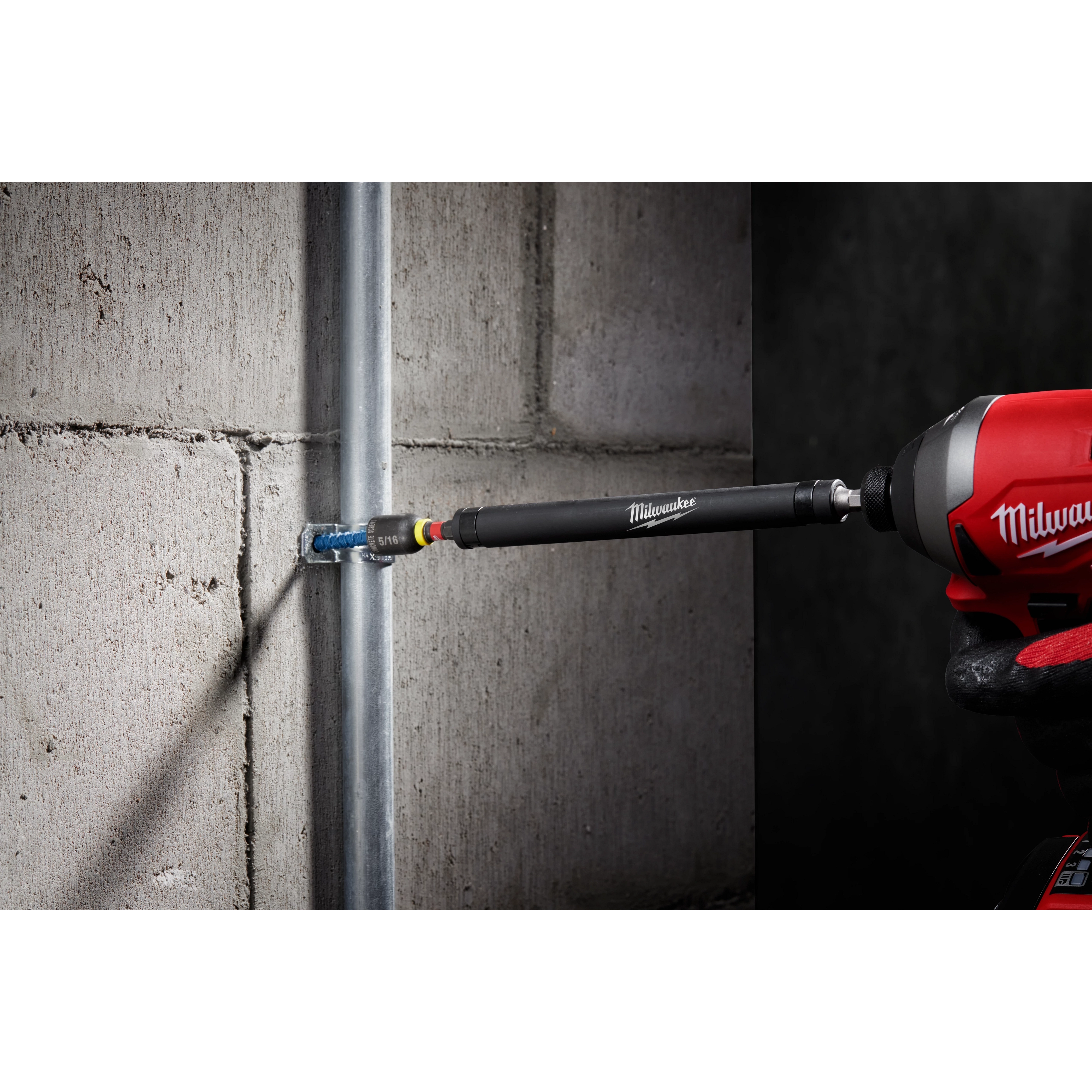 7pc. SHOCKWAVE Impact Duty Carbide Hammer Drill Bit Concrete Screw Install Kit used to drill into a concrete wall.