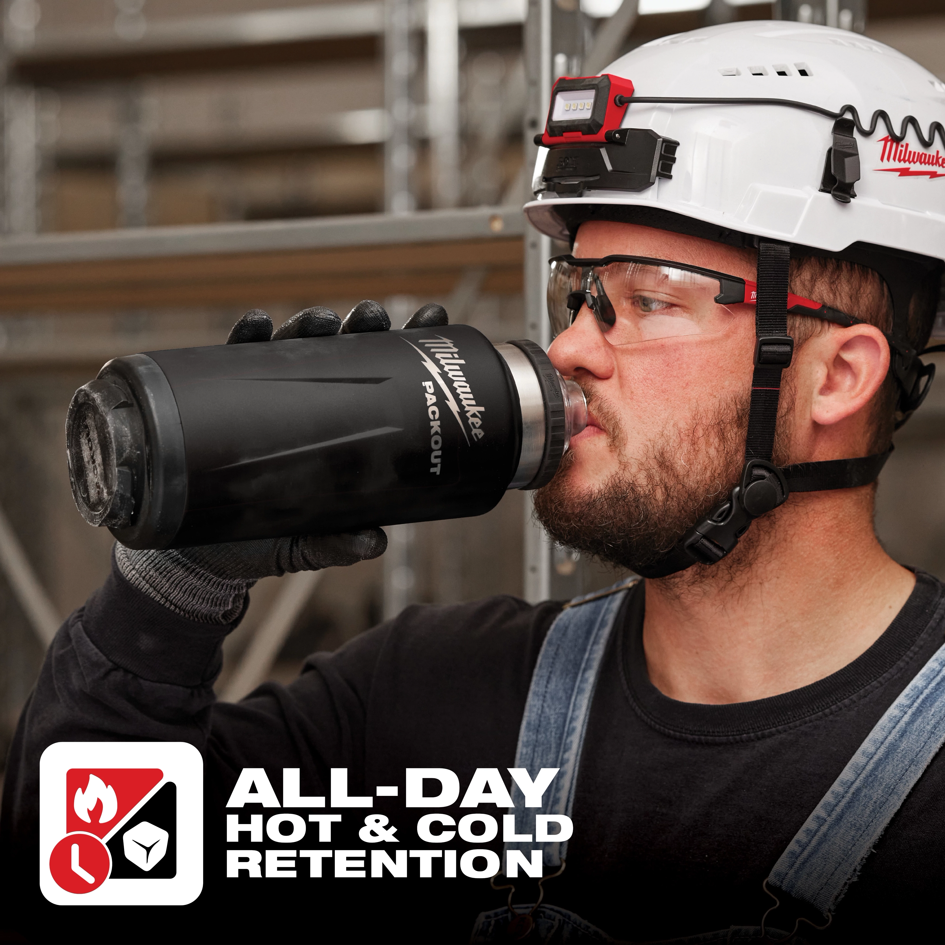 Worker holding a Milwaukee PACKOUT 36oz Insulated Bottle with Chug Lid. The text highlights all-day hot and cold retention.