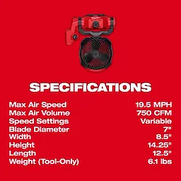 M18 Brushless Scissor Lift Fan specifications: 19.5 MPH max air speed, 750 CFM volume, variable speed, 7" blade, 6.1 lbs.