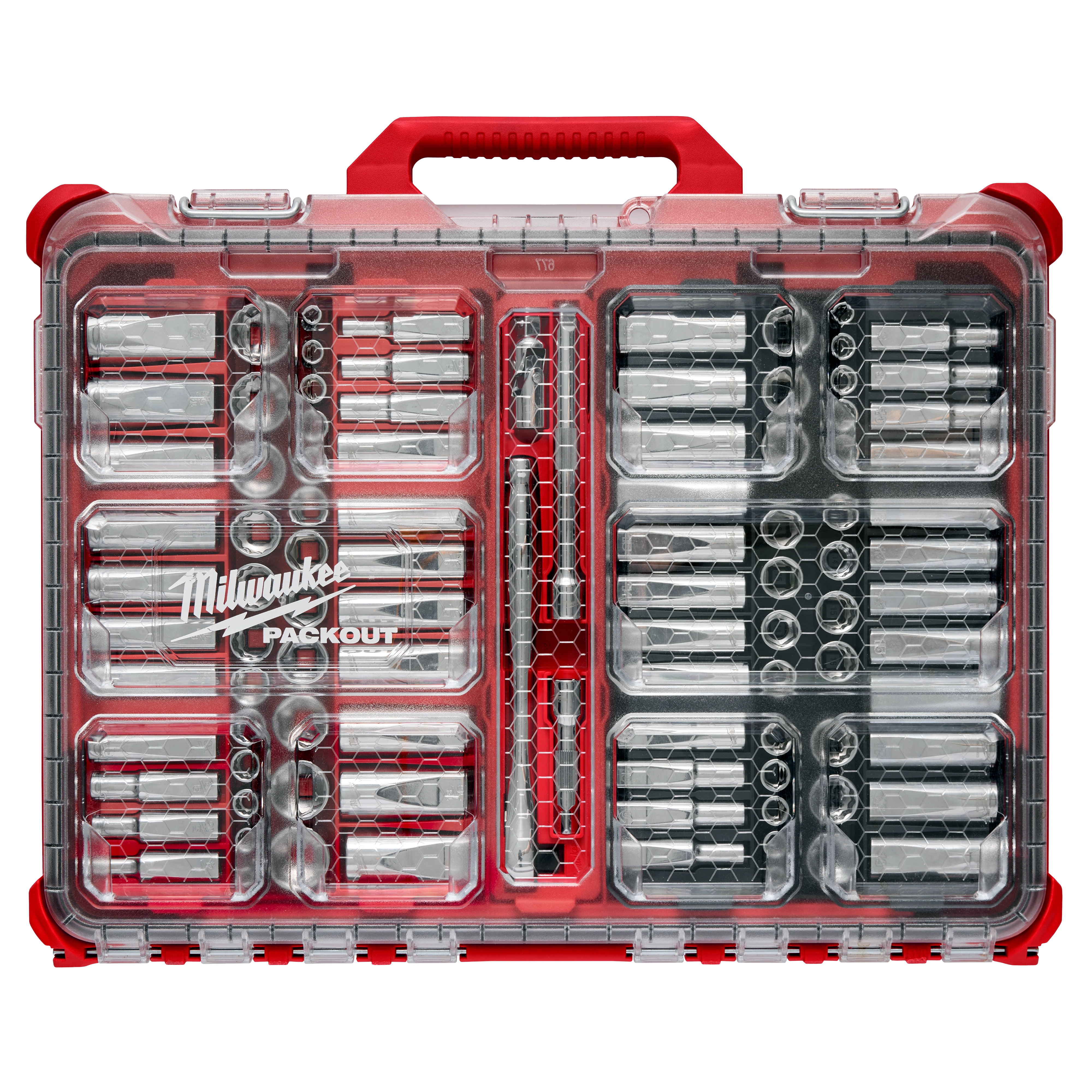 This image shows a 98pc 3/8" 6-Point and 12-Point Metric & SAE Ratchet & Socket Set with PACKOUT™ Low Profile Organizer. The set is neatly arranged in a transparent, red-handled case, suitable for easy transport and storage.