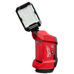 The image shows a red M12™ ROVER™ Multi-Directional Flood Light with PACKOUT™ Compatibility. It features multiple LED bulbs and an adjustable light head. The Milwaukee logo is printed on the side.
