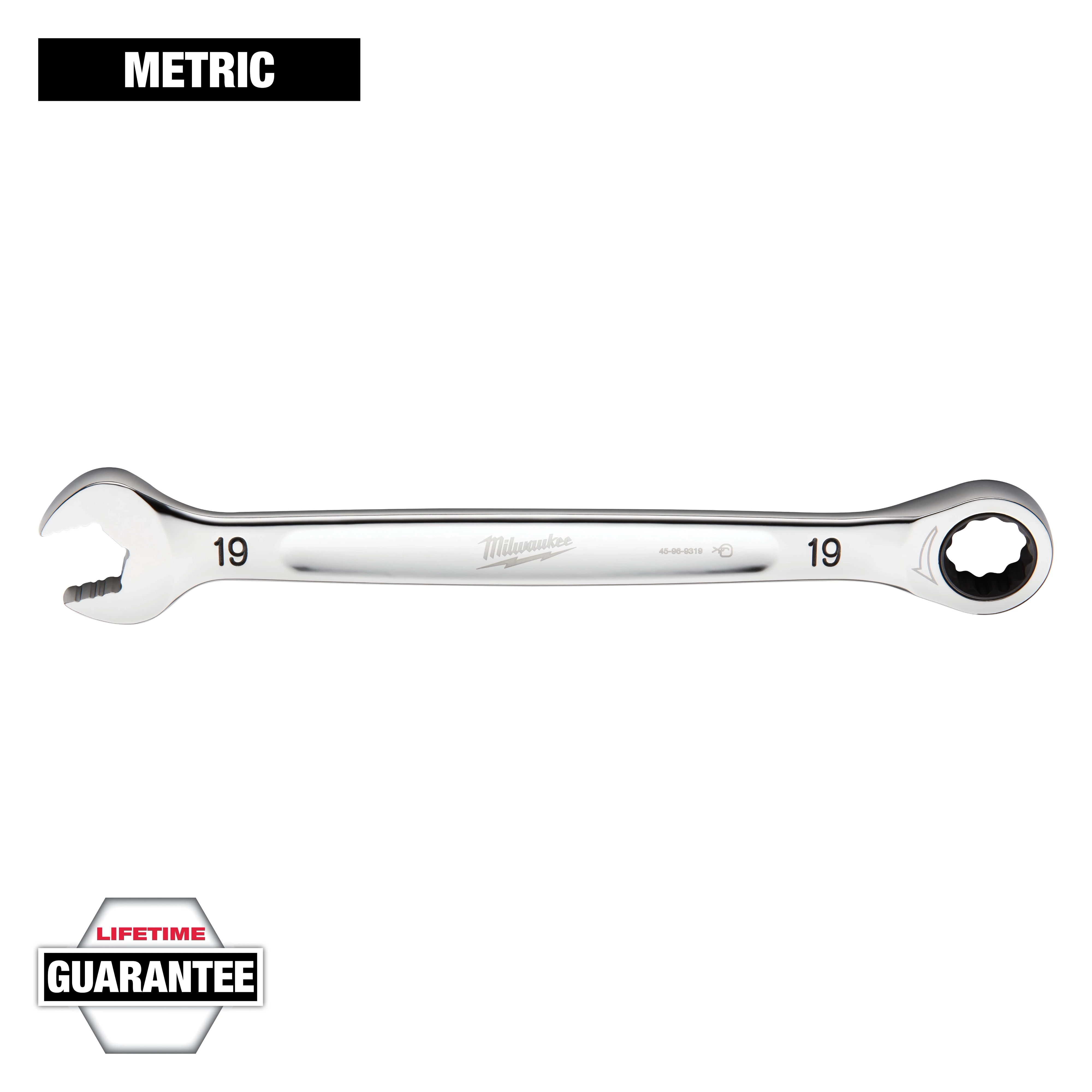 This image shows a Milwaukee metric combination wrench, size 19mm, with an open end and a ratcheting box end. It includes a Lifetime Guarantee badge at the bottom left corner.