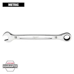 This image shows a Milwaukee metric combination wrench, size 19mm, with an open end and a ratcheting box end. It includes a Lifetime Guarantee badge at the bottom left corner.