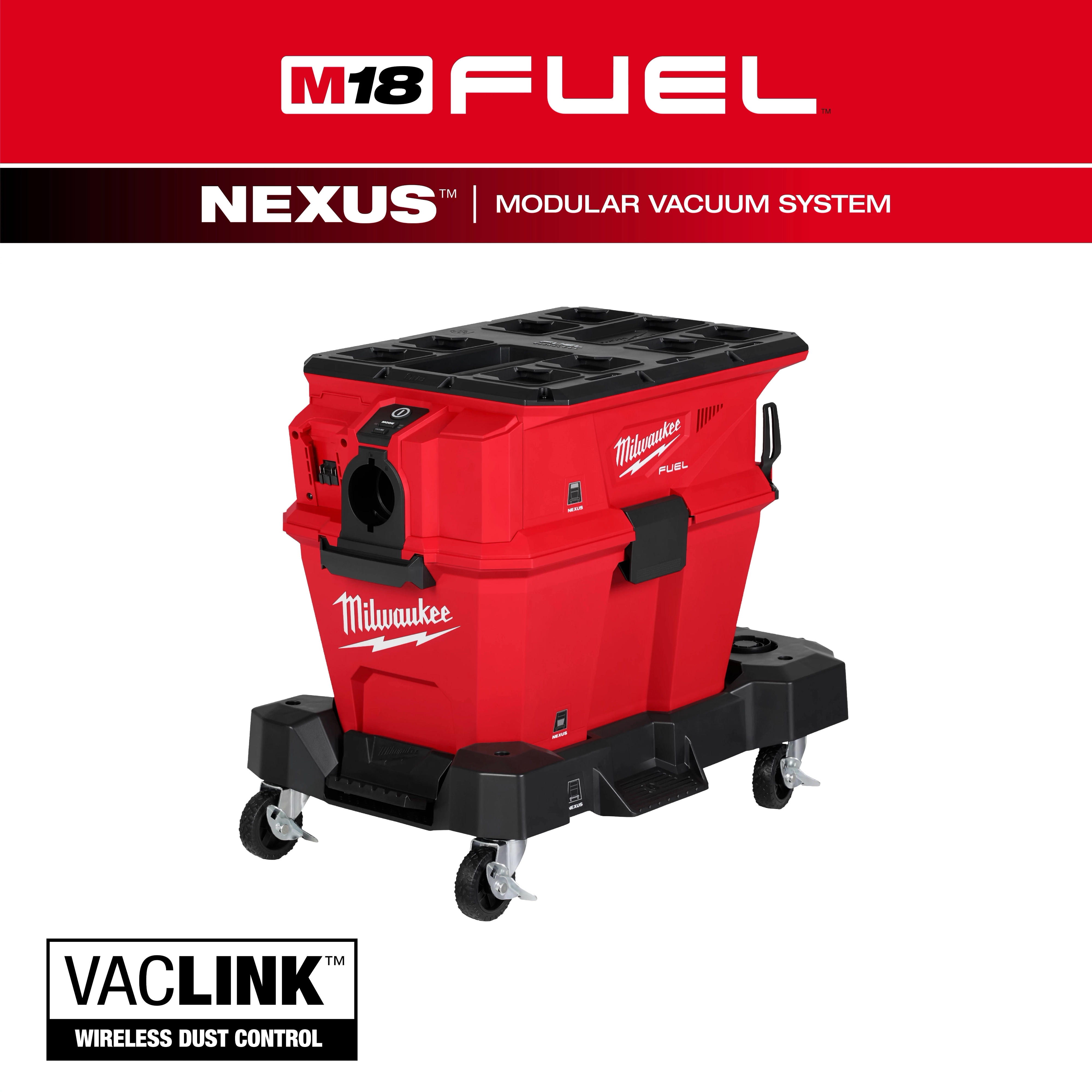 The M18 FUEL™ NEXUS™ 6 Gallon Wet/Dry Vacuum w/ PACKOUT™ Compatibility & VACLINK™ is a red, modular vacuum system by Milwaukee. It features wireless dust control and is mounted on a black wheeled base, making it easily transportable for various cleaning tasks.