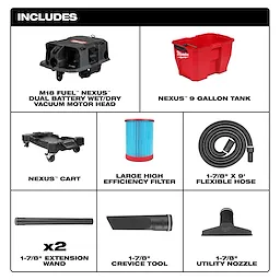 The M18 FUEL™ NEXUS™ 9 Gallon Dual-Battery Wet/Dry Vacuum includes a motor head, 9-gallon tank, cart, high-efficiency filter, 9-foot flexible hose, two 1-7/8” extension wands, a crevice tool, and a utility nozzle.