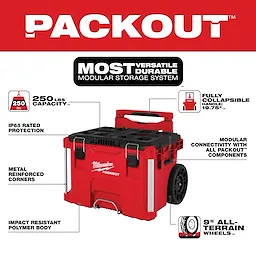 Walkaround image of the Milwaukee PACKOUT Rolling Tool Box highlighting its USPs