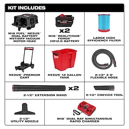 The M18 FUEL™ NEXUS™ 12 Gallon Dual-Battery Wet/Dry Vacuum Kit includes a dual battery motor head, two HD12.0 batteries, a large high-efficiency filter, a premium cart, a 12-gallon tank, a 9-foot flexible hose, two extension wands, a crevice tool, a utility nozzle, and a dual bay rapid charger.